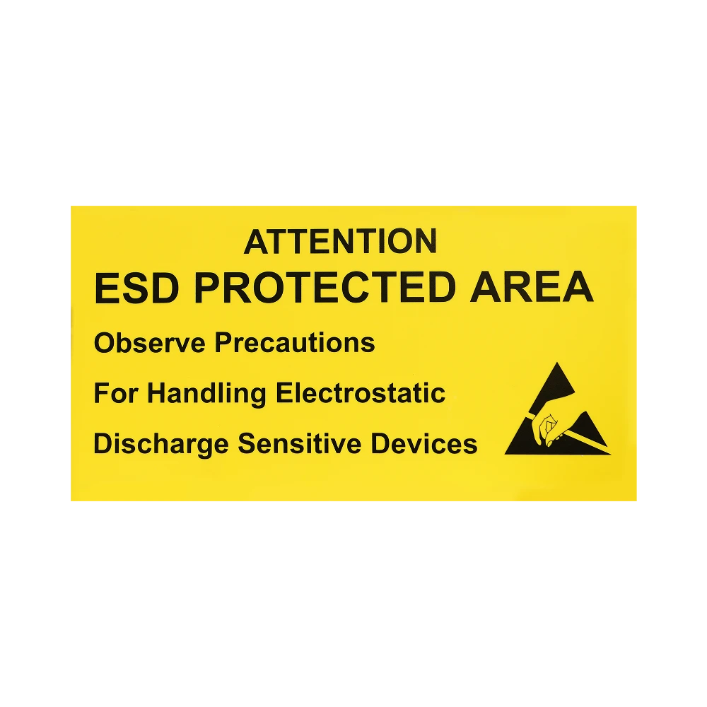 055-0006 - ESD Protected Area Sign Rigid - Graphic ESD Protected Area sign - Yellow with black text: "ATTENTION. ESD PROTECTED AREA. OBSERVE PRECAUTIONS FOR HANDLING ELECTROSTATIC DISCHARGE SENSITIVE DEVICES."