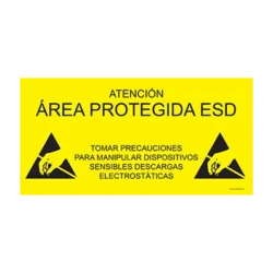 ESD Protected Area Sign - Spanish - Antistat - Sign read: "ATENCIÓN. ÁREA PROTEGIDA ESD. TOMAR PRECAUCIONES PARA MANIPULAR DISPOSITIVOS SENSIBLES DESCARGAS ELECTROSTÁTICAS."