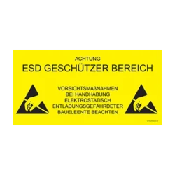 ESD Protected Area Sign - German - Antistat - Sign read: "ACHTUNG. ESD GESCHUTZER BEREICH. VORSICHTSMAßNAHMEN BEI HANDHABUNG ELEKTROSTATISCH ENTLADUNGSGEFÄHRDETER BAUELEENTE BEACHTEN."