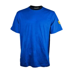 Royal blue t-shirt with black round collar and an ESD symbol on the sleeve