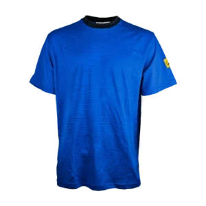 Royal blue t-shirt with black round collar and an ESD symbol on the sleeve