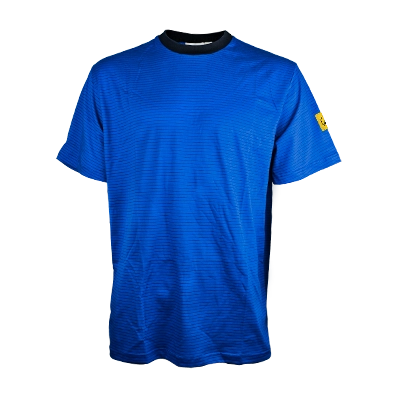 Royal blue t-shirt with black round collar and an ESD symbol on the sleeve
