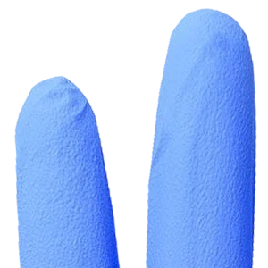 Nitrile Powder Free Gloves - From DERMAGRIP - Close up Purple color, two fingers, textured fingertips