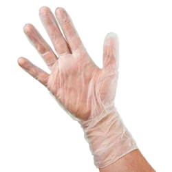Vinyl gloves - translucent with 12 in length, hand with fingers slightly spread out