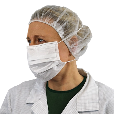 600-3000 Integrity headloop face mask (2) Headloop Face Mask, white, worn by a cleanroom operative