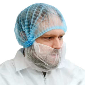 Man wearing blue pleated bouffant cap with a white beard cover and coverall