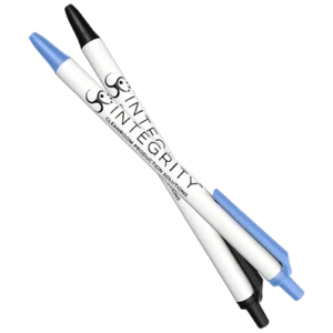 Cleanroom Pens - Blue and black, retractable style with rectangular clip. Integrity logo printed on the barrel of both