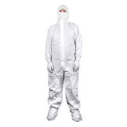 Image of cleanroom operative wearing disposable cleanroom coveralls with feet and a disposable mask