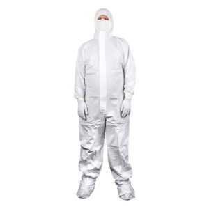 Image of cleanroom operative wearing disposable cleanroom coveralls with feet and a disposable mask