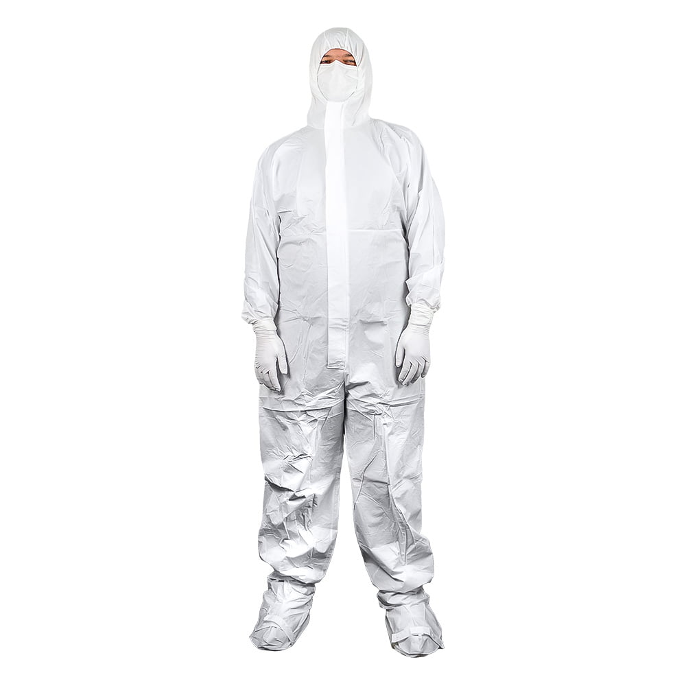 600-5011-Integrity-Disposable-Coverall-with-Feet-Sterile-1.jpg Image of cleanroom operative wearing disposable cleanroom coveralls with feet and a disposable mask