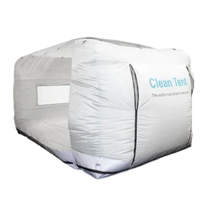 Portable cleanroom tent - from Monmouth Scientific - White with "Clean Tent" and "The worlds most portable cleanroom" printed on the side