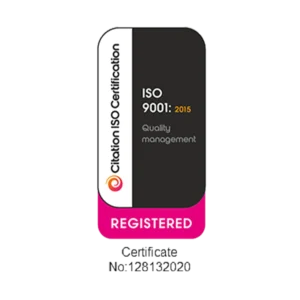 ISO 9001 2015 Badge showing registered certificate number 128132020