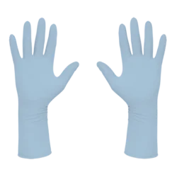 A pair of blue Sterile Cleanroom Nitrile Gloves from Halyard