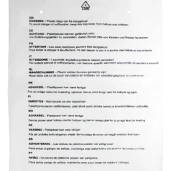 Open top clear poly bag with the text "WARNING - Plastic Bags can be dangerous! To avoid danger of suffocation, keep this bag away from babies and children." in 11 languages